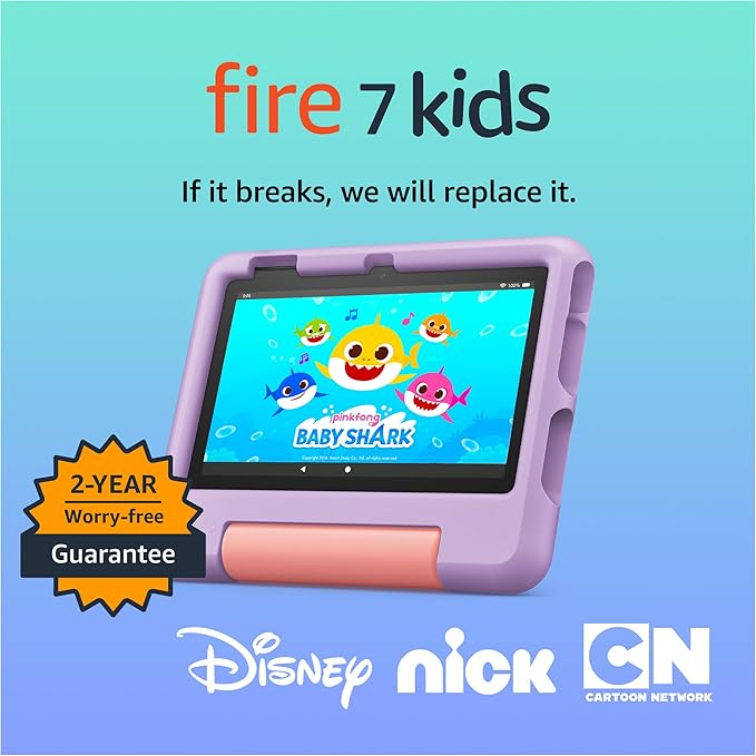 Amazon Fire 7 Kids tablet (newest model) ages 3 - 7. Top - selling 7" kids tablet on Amazon. Includes ad - free and exclusive content, easy parental controls, 10 - hr battery, 16 GB, Purple - MrTs Computers Cybor Store