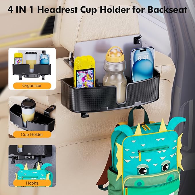 Car Headrest Cup Holder for Back Seat Organizer for Multi - Hanging Snack Storage Box with Strong Hooks for Kids and Uber Backseat Passengers Share Rid for Travel Accessories - MrTs Computers Cybor Store