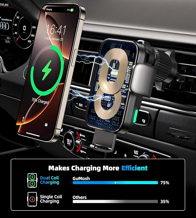 Dual Coil 15W Cup Phone Holder Mount,Wireless Car Charger Auto - Clamping Fast Charging Vent Phone Holders for Your Car for iPhone 17/16/15,Samsung Flip S25 S24 S23 S22 Ultra - MrTs Computers Cybor Store