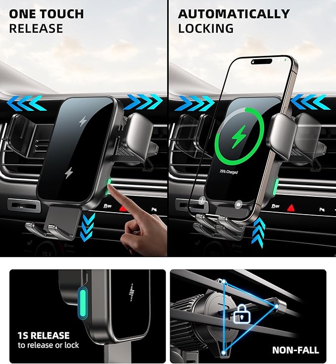 Dual Coil 15W Cup Phone Holder Mount,Wireless Car Charger Auto - Clamping Fast Charging Vent Phone Holders for Your Car for iPhone 17/16/15,Samsung Flip S25 S24 S23 S22 Ultra - MrTs Computers Cybor Store