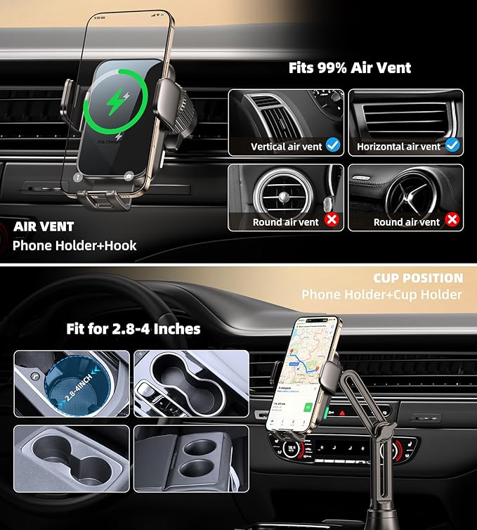 Dual Coil 15W Cup Phone Holder Mount,Wireless Car Charger Auto - Clamping Fast Charging Vent Phone Holders for Your Car for iPhone 17/16/15,Samsung Flip S25 S24 S23 S22 Ultra - MrTs Computers Cybor Store