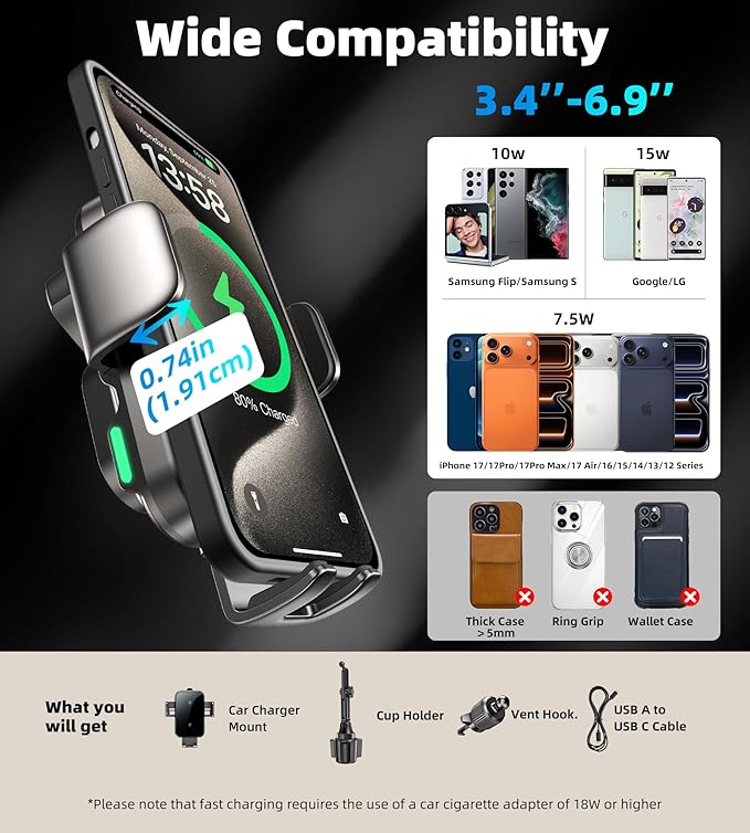 Dual Coil 15W Cup Phone Holder Mount,Wireless Car Charger Auto - Clamping Fast Charging Vent Phone Holders for Your Car for iPhone 17/16/15,Samsung Flip S25 S24 S23 S22 Ultra - MrTs Computers Cybor Store