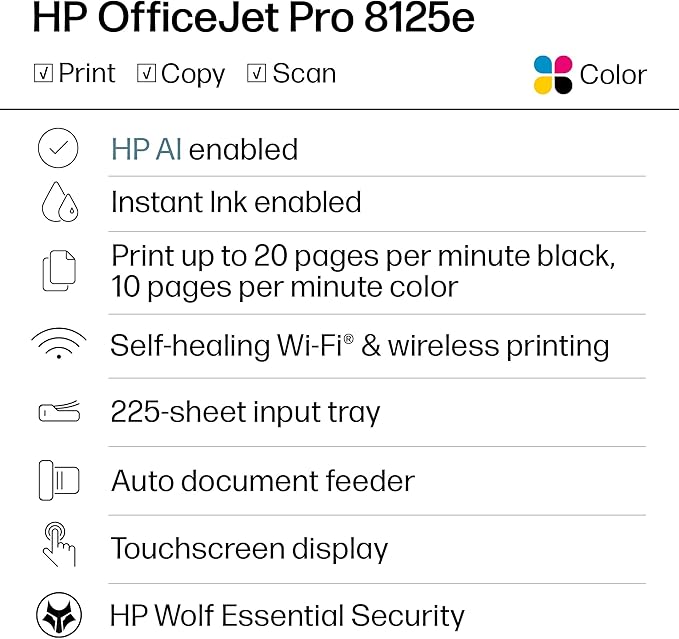 HP OfficeJet Pro 8125e Wireless All - in - One Color Inkjet Printer, Print, scan, Copy, ADF, Duplex Printing Best - for - Home Office, 3 Month Instant Ink Trial Included, AI - Enabled (405T6A) - MrTs Computers Cybor Store