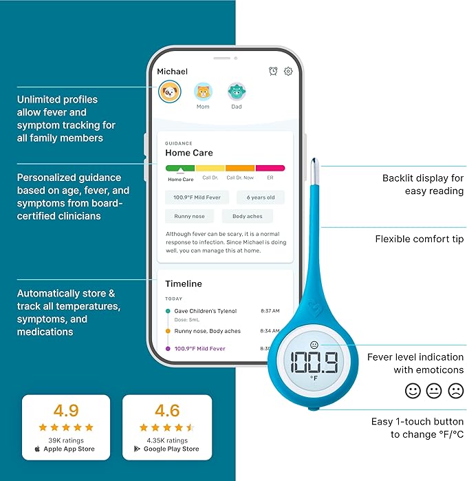 Kinsa Smart,Fever, Digital Medical Baby, Kid and Adult Termometro - Accurate, Fast, FDA Cleared Thermometer for Oral, Armpit or Rectal Temperature Reading - QuickCare - MrTs Computers Cybor Store
