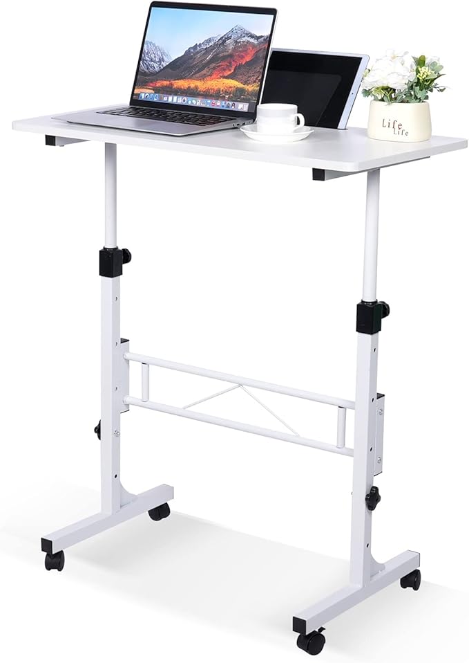 KLSMYHOKI Portable Standing Desk Adjustable Height, Small Computer, Laptop, Mobile Stand Up Rolling Desk with Wheels, Table for Home Office, 16"x31.5" Height 27" - 43.5", White - MrTs Computers Cybor Store