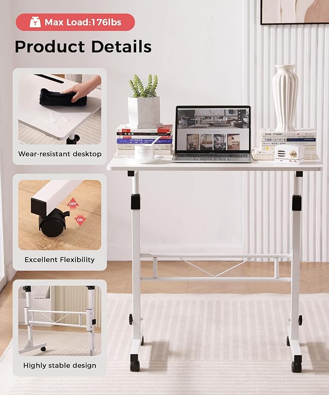 KLSMYHOKI Portable Standing Desk Adjustable Height, Small Computer, Laptop, Mobile Stand Up Rolling Desk with Wheels, Table for Home Office, 16"x31.5" Height 27" - 43.5", White - MrTs Computers Cybor Store