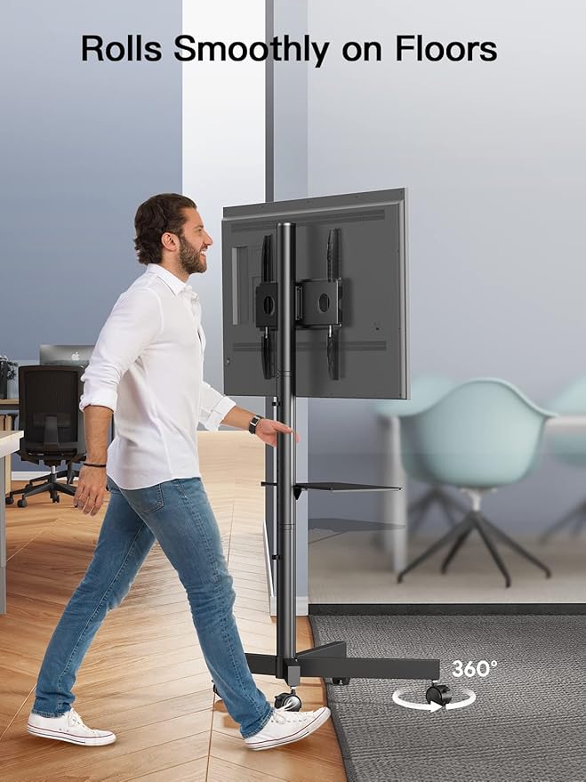 PERLESMITH Rolling TV Stand on Wheels for 23 - 60 Inch Flat Curved Screen TVs, Mobile TV Cart Height - Adjustable with Shelf/Tray, Portable TV Stand Holds up to 55 lbs, Max VESA 400x400mm, PSTVMC04 - MrTs Computers Cybor Store