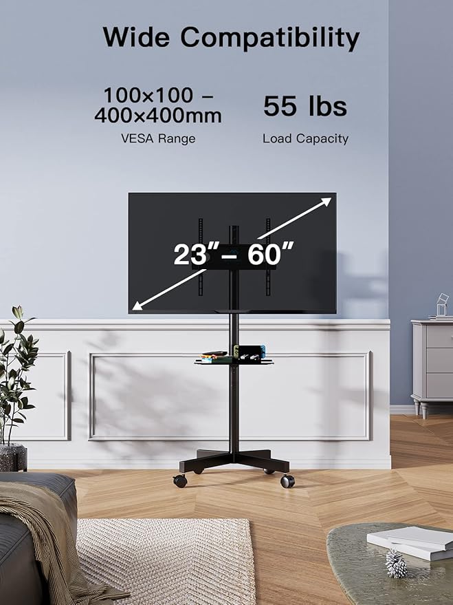 PERLESMITH Rolling TV Stand on Wheels for 23 - 60 Inch Flat Curved Screen TVs, Mobile TV Cart Height - Adjustable with Shelf/Tray, Portable TV Stand Holds up to 55 lbs, Max VESA 400x400mm, PSTVMC04 - MrTs Computers Cybor Store
