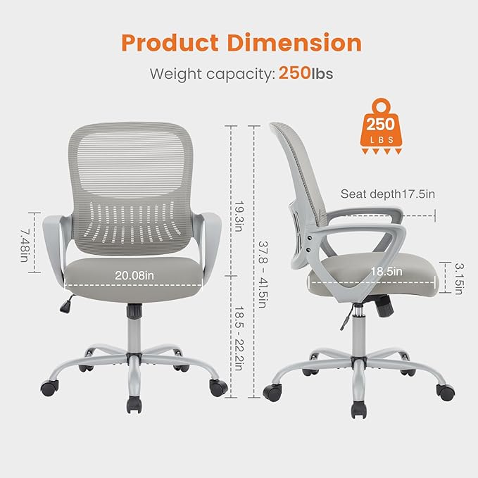 Sweetcrispy Office Computer Desk Managerial Executive Chair, Ergonomic Mid - Back Mesh Rolling Work Swivel Chairs with Wheels, Comfortable Lumbar Support, Comfy Arms for Home,Bedroom,Study,Student,Grey - MrTs Computers Cybor Store