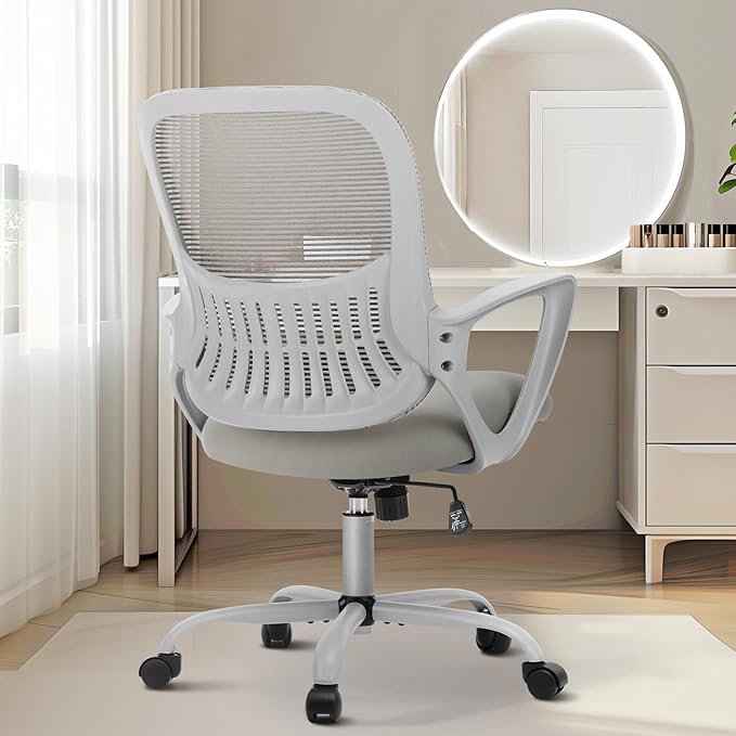 Sweetcrispy Office Computer Desk Managerial Executive Chair, Ergonomic Mid - Back Mesh Rolling Work Swivel Chairs with Wheels, Comfortable Lumbar Support, Comfy Arms for Home,Bedroom,Study,Student,Grey - MrTs Computers Cybor Store