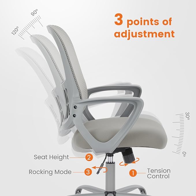 Sweetcrispy Office Computer Desk Managerial Executive Chair, Ergonomic Mid - Back Mesh Rolling Work Swivel Chairs with Wheels, Comfortable Lumbar Support, Comfy Arms for Home,Bedroom,Study,Student,Grey - MrTs Computers Cybor Store