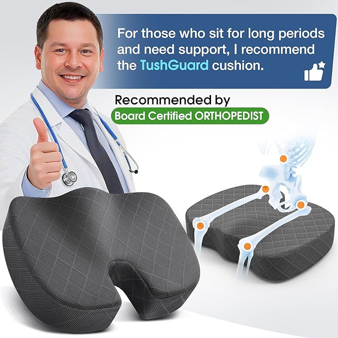 TushGuard Seat Cushion - Memory Foam Cushion for Office Chair, Car Seat, Airplane, Bleacher - Sciatica & Hip & Coccyx Pain Relief Desk Chair Cushion for Long Sitting Office Workers, Car Drivers - MrTs Computers Cybor Store