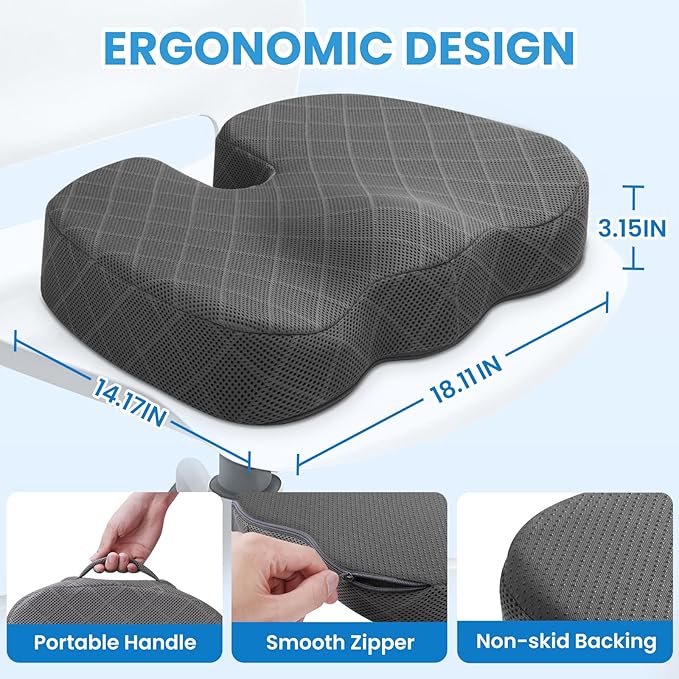 TushGuard Seat Cushion - Memory Foam Cushion for Office Chair, Car Seat, Airplane, Bleacher - Sciatica & Hip & Coccyx Pain Relief Desk Chair Cushion for Long Sitting Office Workers, Car Drivers - MrTs Computers Cybor Store