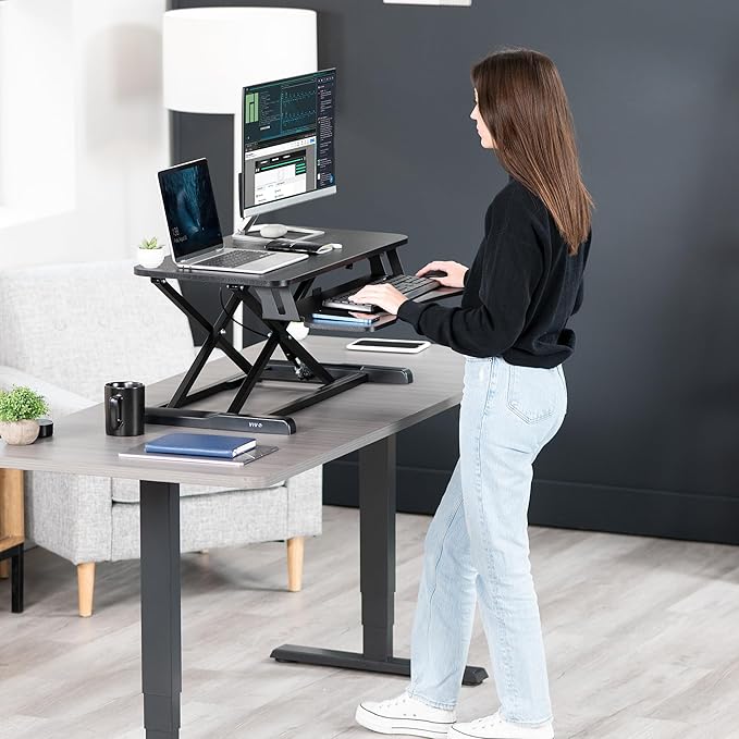 VIVO 32 inch Desk Converter, K Series, Height Adjustable Sit to Stand Riser, Dual Monitor and Laptop Workstation with Wide Keyboard Tray, Black, DESK - V000K - MrTs Computers Cybor Store