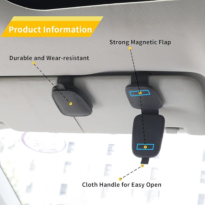 Yuoyar Sunglass Holder for Car, Magnetic Leather Sunglasses Holder and Ticket Card Clip, Car Visor Accessories, 2 Packs (Black) - MrTs Computers Cybor Store